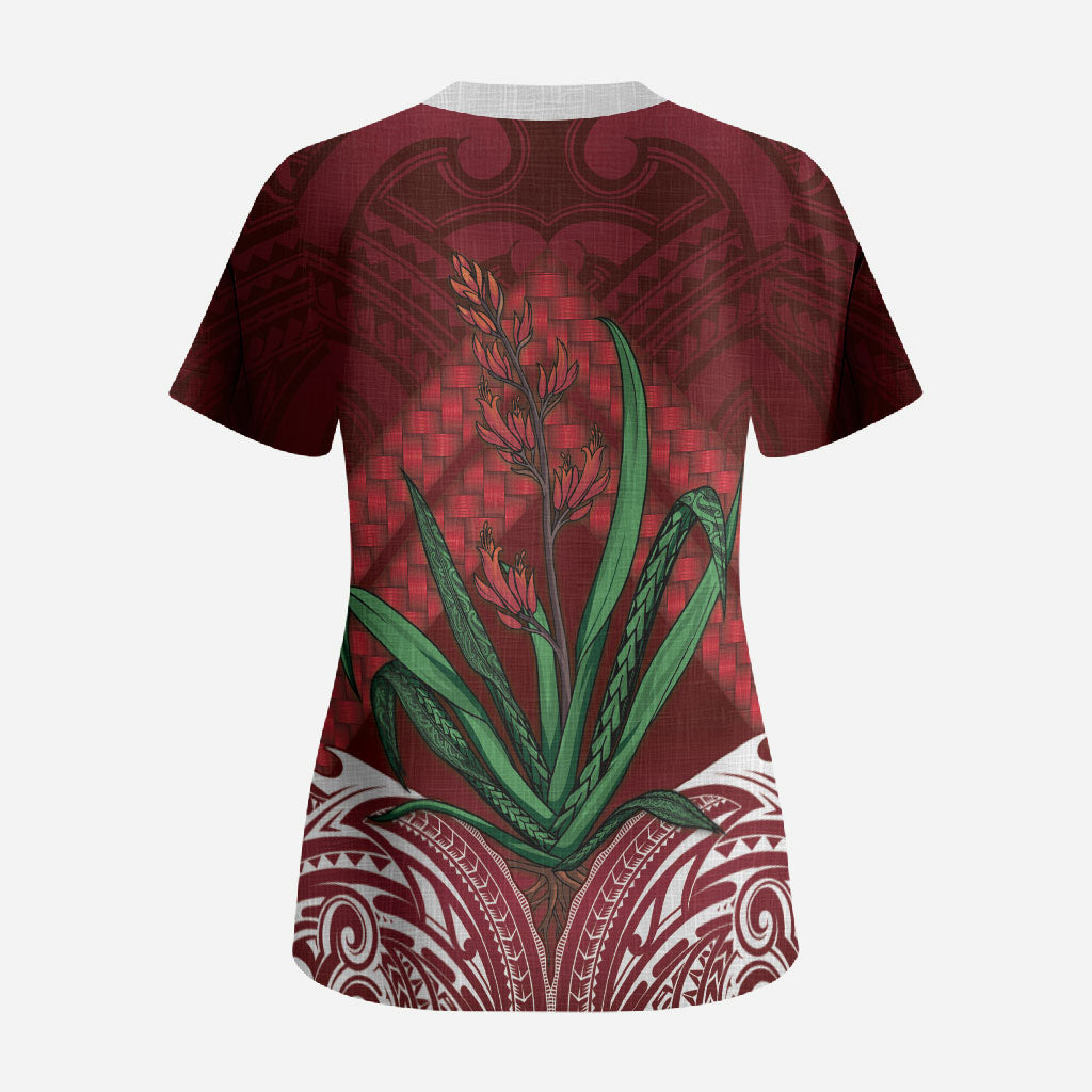Rongoa Maori New Zealand Harakeke Scrub Top NZ Weaving Pattern Red LT14 - Polynesian Pride
