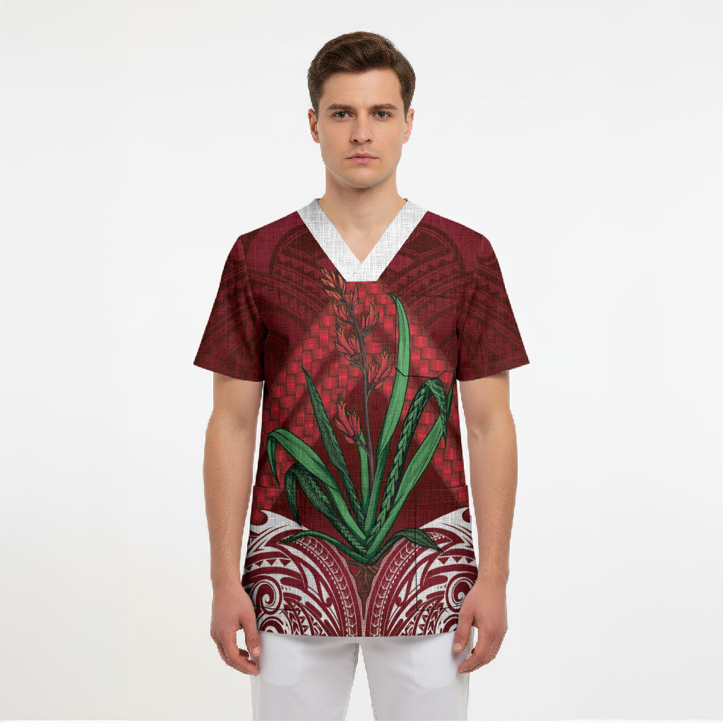 Rongoa Maori New Zealand Harakeke Scrub Top NZ Weaving Pattern Red LT14 - Polynesian Pride