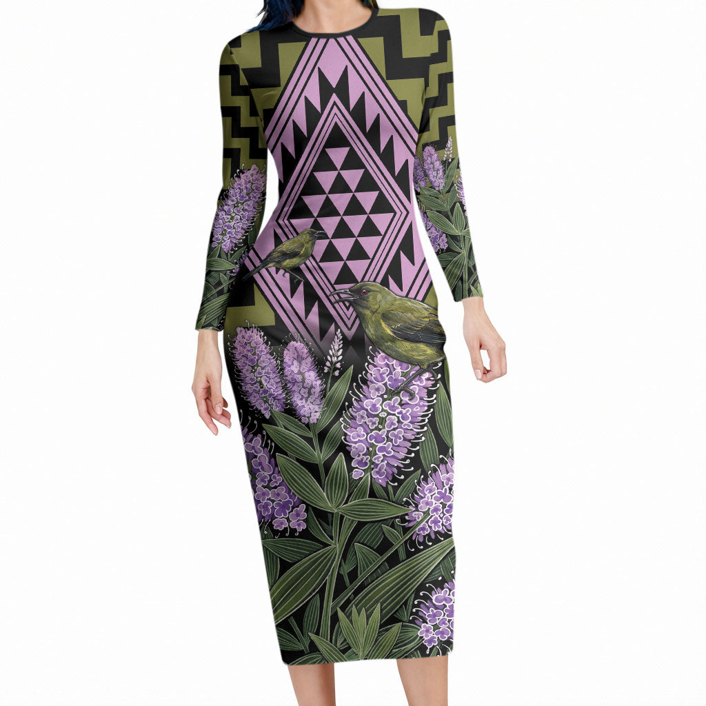 Rongoa Maori New Zealand Koromiko Long Sleeve Bodycon Dress NZ Hebe Korimako Bellbird Poutama LT14 Long Dress Green - Polynesian Pride