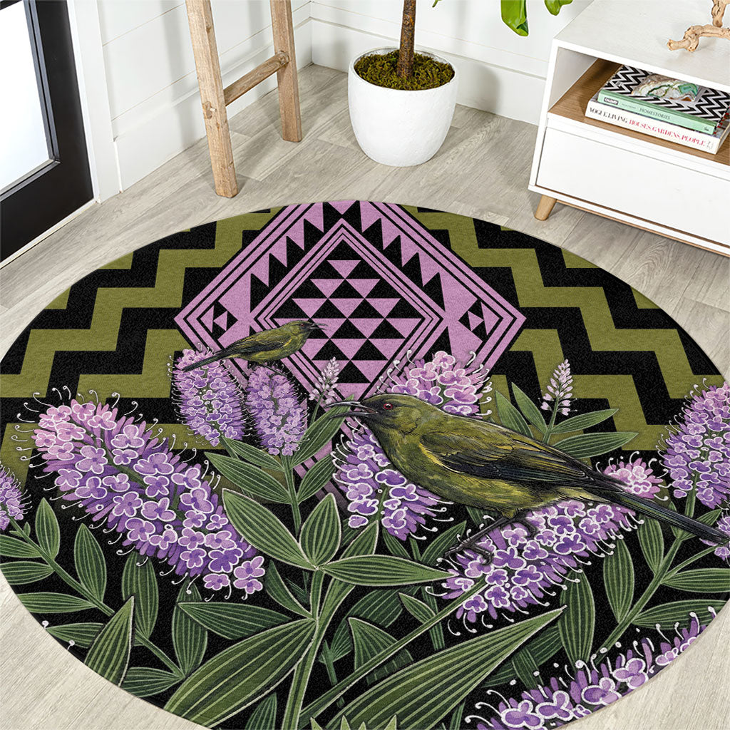 Rongoa Maori New Zealand Koromiko Round Carpet NZ Hebe Korimako Bellbird Poutama LT14 Green - Polynesian Pride