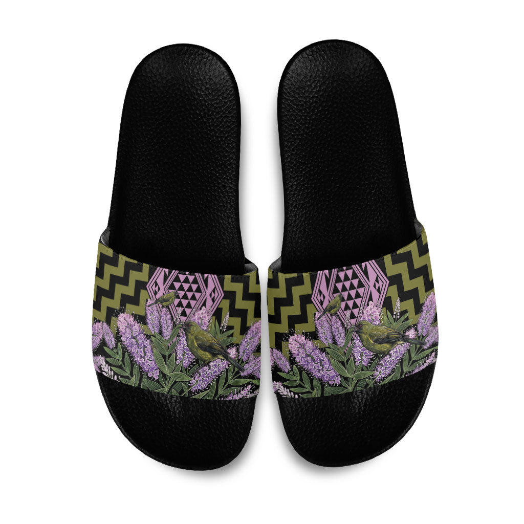Rongoa Maori New Zealand Koromiko Slide Sandals NZ Hebe Korimako Bellbird Poutama LT14 Green - Polynesian Pride