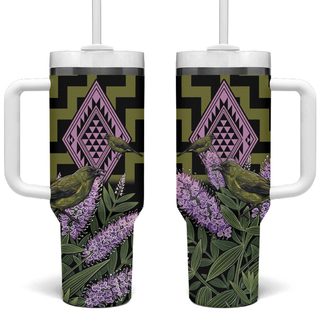 Rongoa Maori New Zealand Koromiko Tumbler With Handle NZ Hebe Korimako Bellbird Poutama LT14 One Size: 40 oz Green - Polynesian Pride