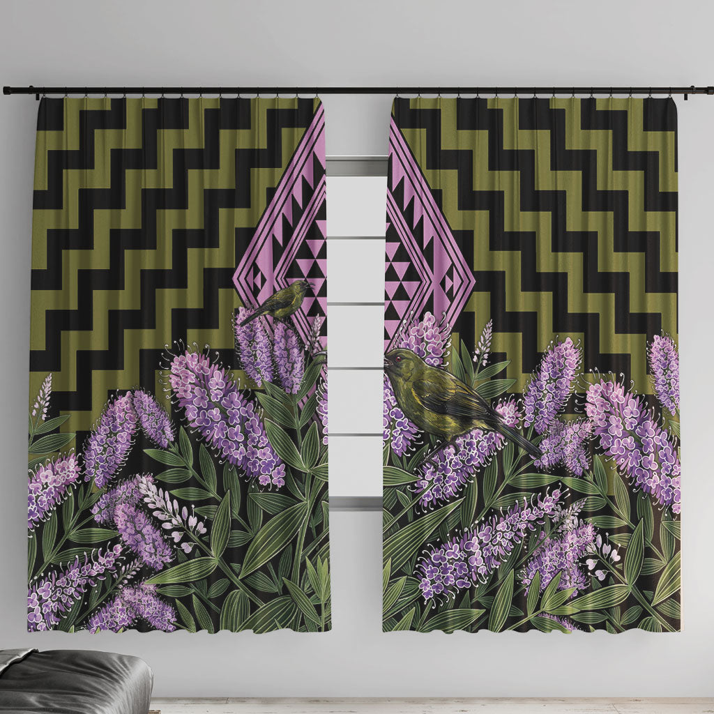Rongoa Maori New Zealand Koromiko Window Curtain NZ Hebe Korimako Bellbird Poutama LT14 With Hooks Green - Polynesian Pride
