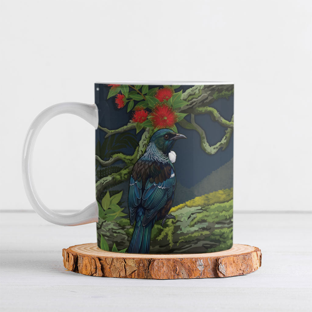 Rongoa Maori New Zealand Rata Ceramic Mug NZ Tui Bird Forest Vibes LT14 Green - Polynesian Pride