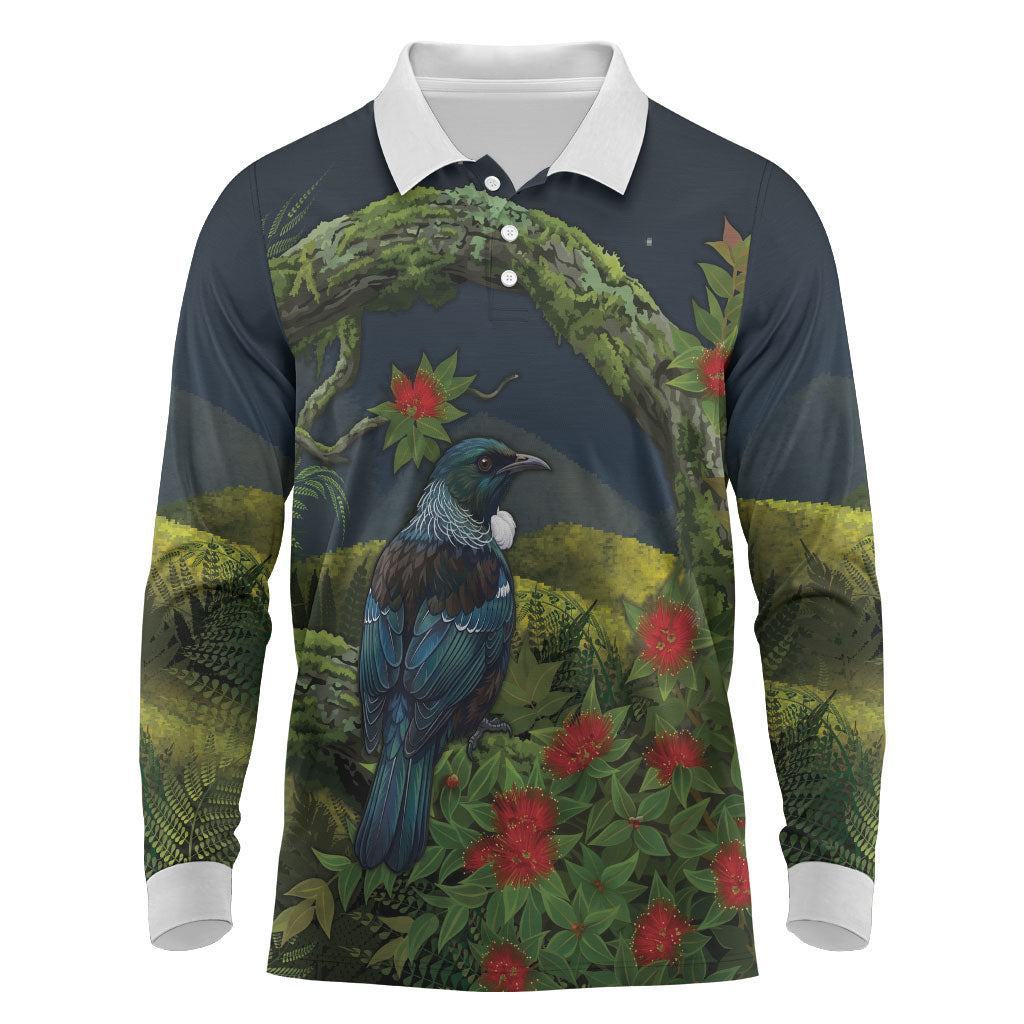 Rongoa Maori New Zealand Rata Long Sleeve Polo Shirt NZ Tui Bird Forest Vibes LT14 Green - Polynesian Pride