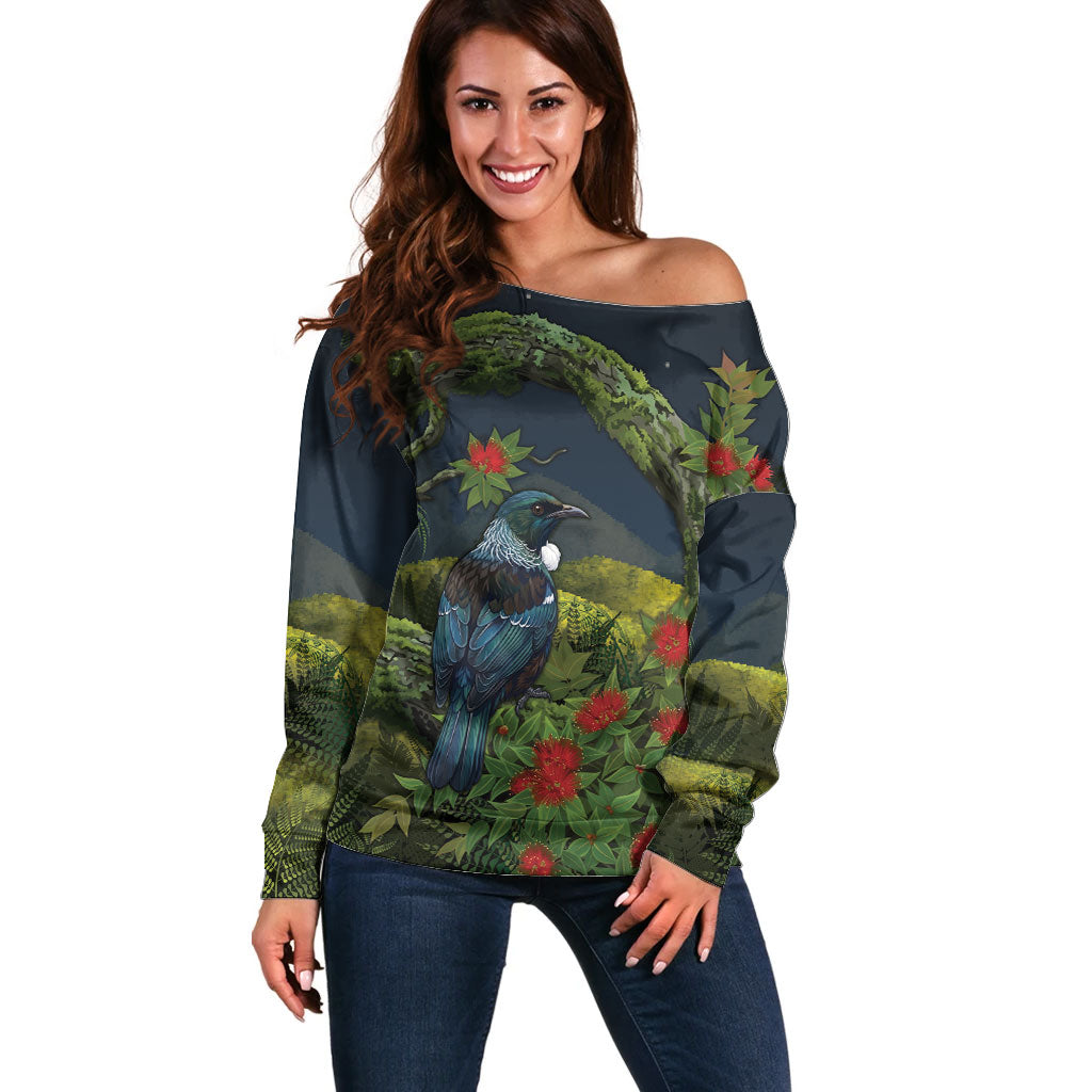 Rongoa Maori New Zealand Rata Off Shoulder Sweater NZ Tui Bird Forest Vibes LT14 Women Green - Polynesian Pride