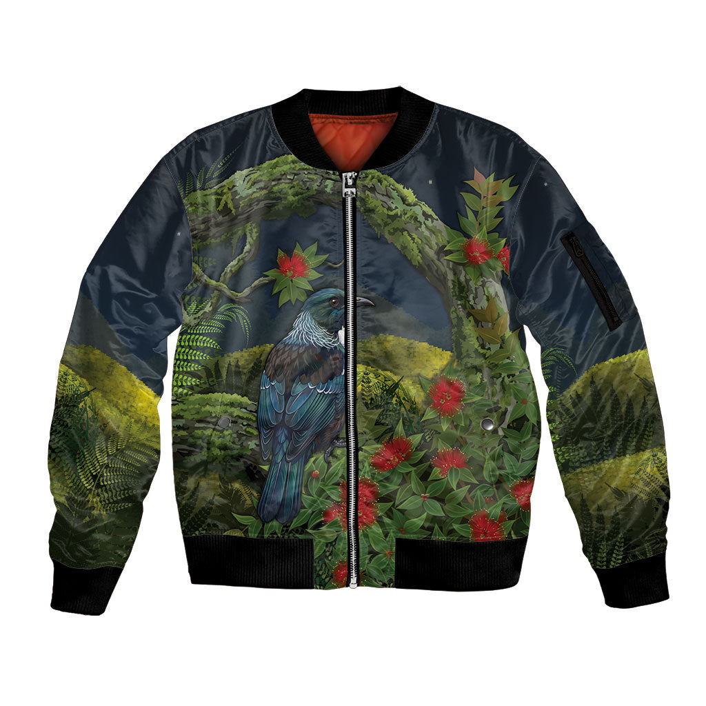 Rongoa Maori New Zealand Rata Sleeve Zip Bomber Jacket NZ Tui Bird Forest Vibes LT14 Unisex Green - Polynesian Pride