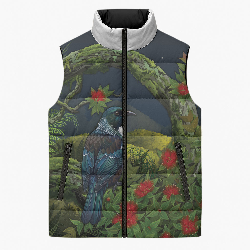 Rongoa Maori New Zealand Rata Sleeveless Puffer Jacket NZ Tui Bird Forest Vibes LT14 Unisex Green - Polynesian Pride