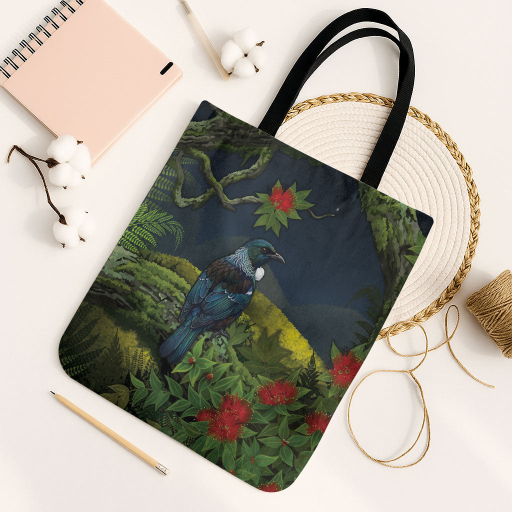 Rongoa Maori New Zealand Rata Tote Bag NZ Tui Bird Forest Vibes LT14 Black Strap One Size Green - Polynesian Pride