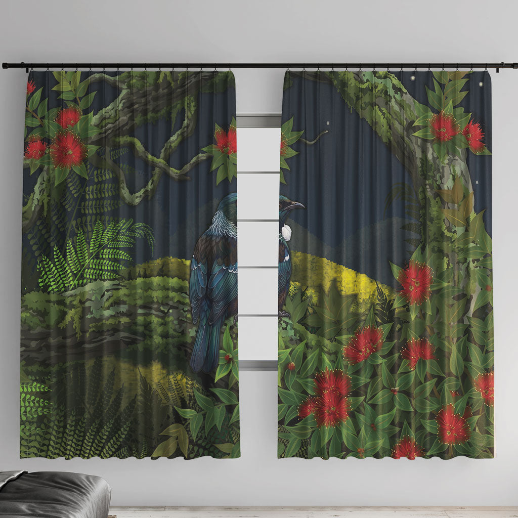 Rongoa Maori New Zealand Rata Window Curtain NZ Tui Bird Forest Vibes LT14 With Hooks Green - Polynesian Pride