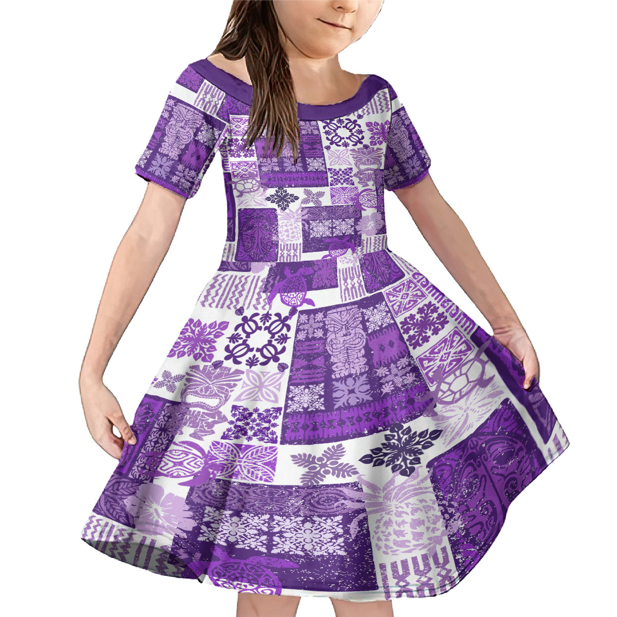 Hawaiian Quilt Family Matching Mermaid Dress and Hawaiian Shirt Tiki Tropical Retro Purple Version LT14 Daughter's Dress Purple - Polynesian Pride