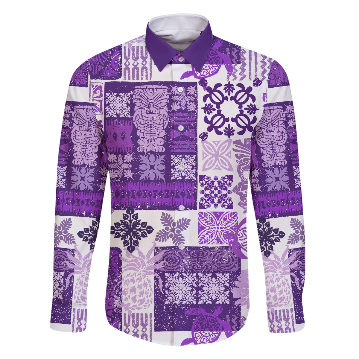 Hawaiian Quilt Family Matching Off Shoulder Maxi Dress and Hawaiian Shirt Tiki Tropical Retro Purple Version LT14 Dad's Shirt - Long Sleeve Purple - Polynesian Pride