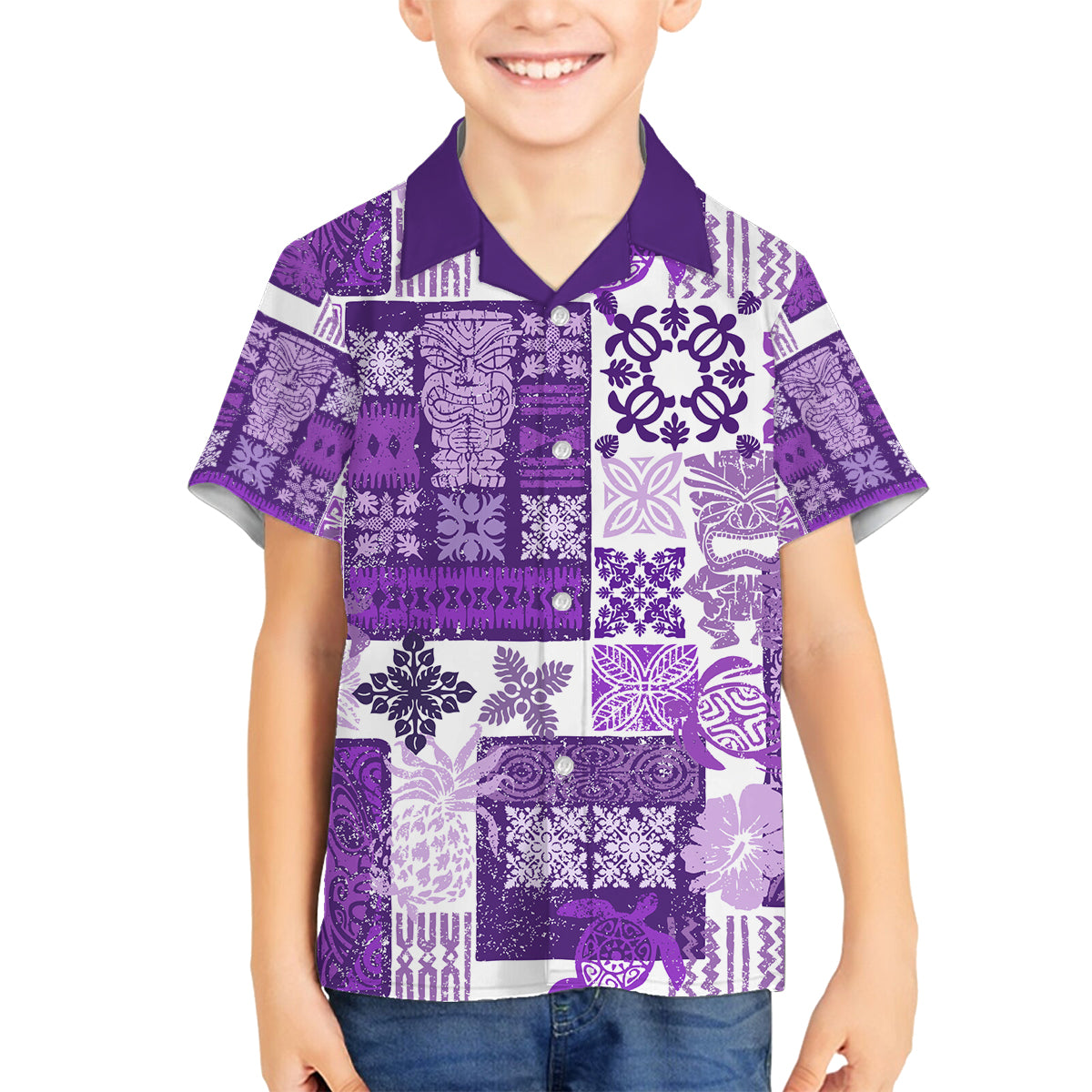 Hawaiian Quilt Family Matching Tank Maxi Dress and Hawaiian Shirt Tiki Tropical Retro Purple Version LT14 Son's Shirt Purple - Polynesian Pride