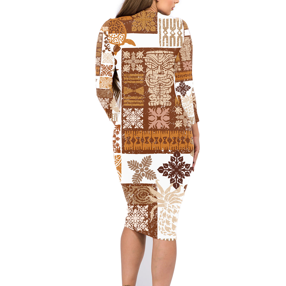 Hawaiian Quilt Family Matching Long Sleeve Bodycon Dress and Hawaiian Shirt Tiki Tropical Retro Brown Version LT14 - Polynesian Pride
