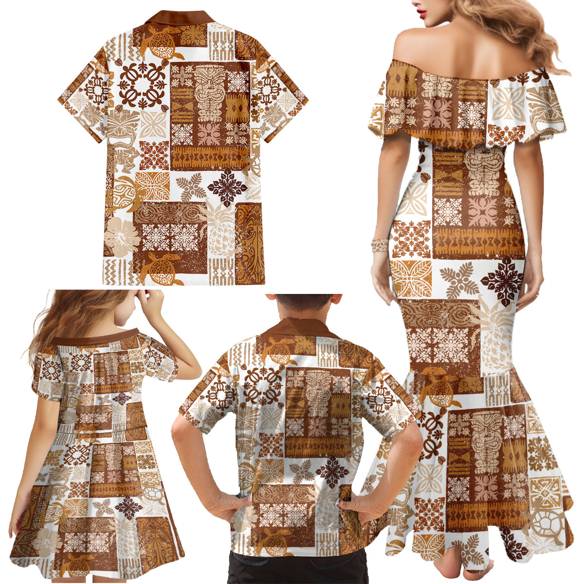 Hawaiian Quilt Family Matching Mermaid Dress and Hawaiian Shirt Tiki Tropical Retro Brown Version LT14 - Polynesian Pride