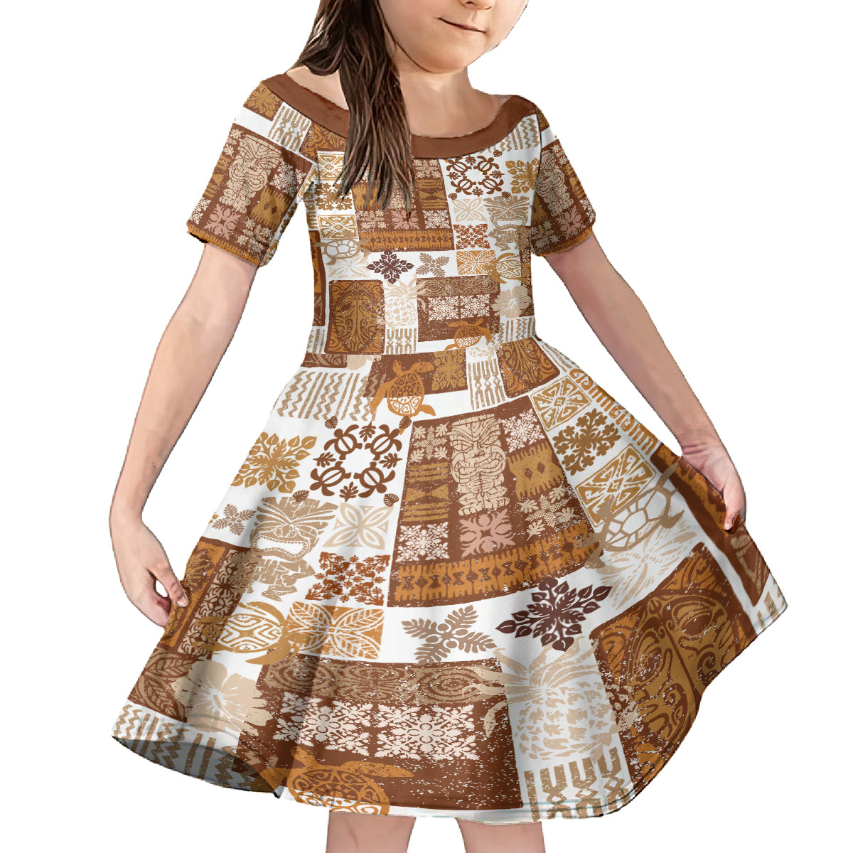 Hawaiian Quilt Family Matching Off Shoulder Long Sleeve Dress and Hawaiian Shirt Tiki Tropical Retro Brown Version LT14 Daughter's Dress Brown - Polynesian Pride