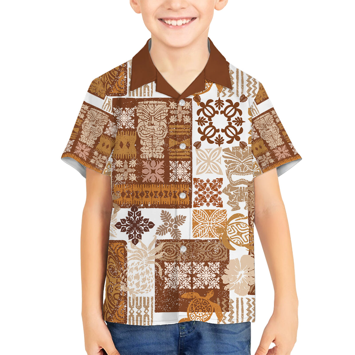 Hawaiian Quilt Family Matching Off Shoulder Maxi Dress and Hawaiian Shirt Tiki Tropical Retro Brown Version LT14 Son's Shirt Brown - Polynesian Pride