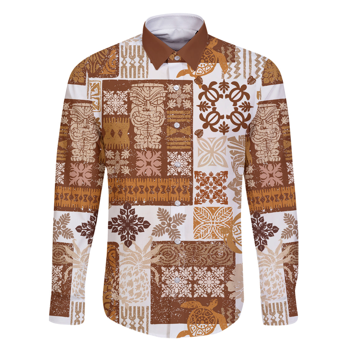 Hawaiian Quilt Family Matching Off Shoulder Short Dress and Hawaiian Shirt Tiki Tropical Retro Brown Version LT14 Dad's Shirt - Long Sleeve Brown - Polynesian Pride