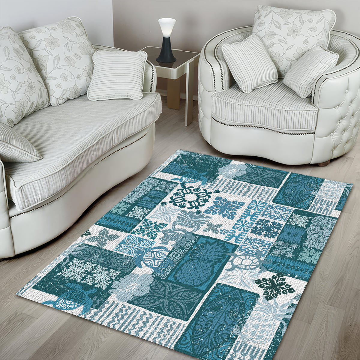Hawaiian Quilt Area Rug Tiki Tropical Retro Dark Cyan Version LT14 - Polynesian Pride