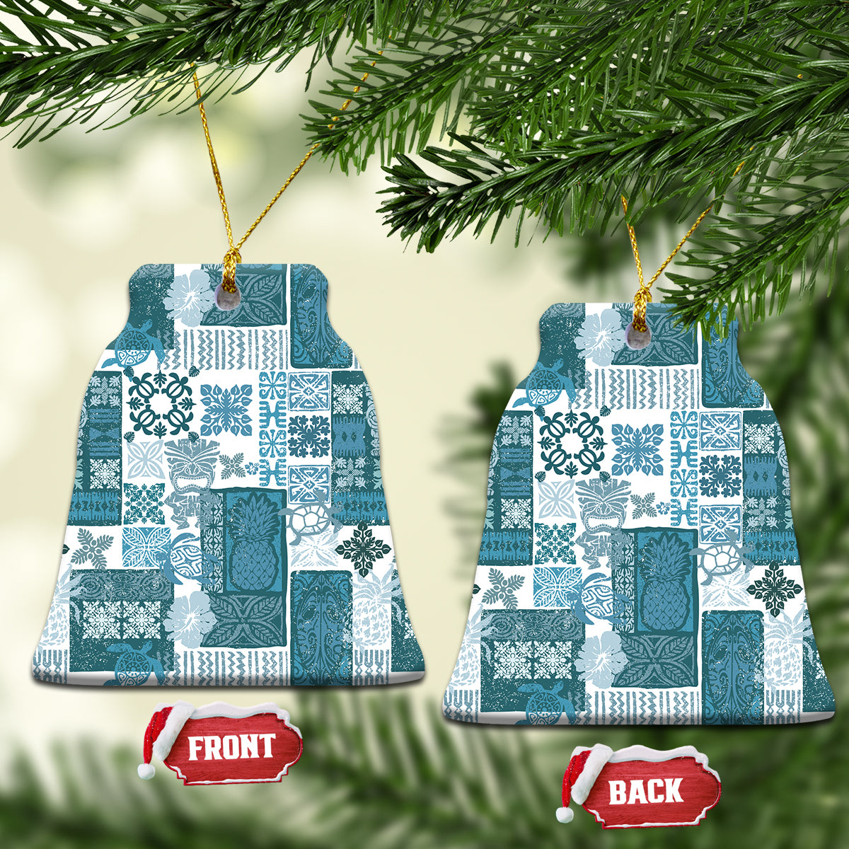 Hawaiian Quilt Ceramic Ornament Tiki Tropical Retro Dark Cyan Version LT14 Bell Flake Dark Cyan - Polynesian Pride