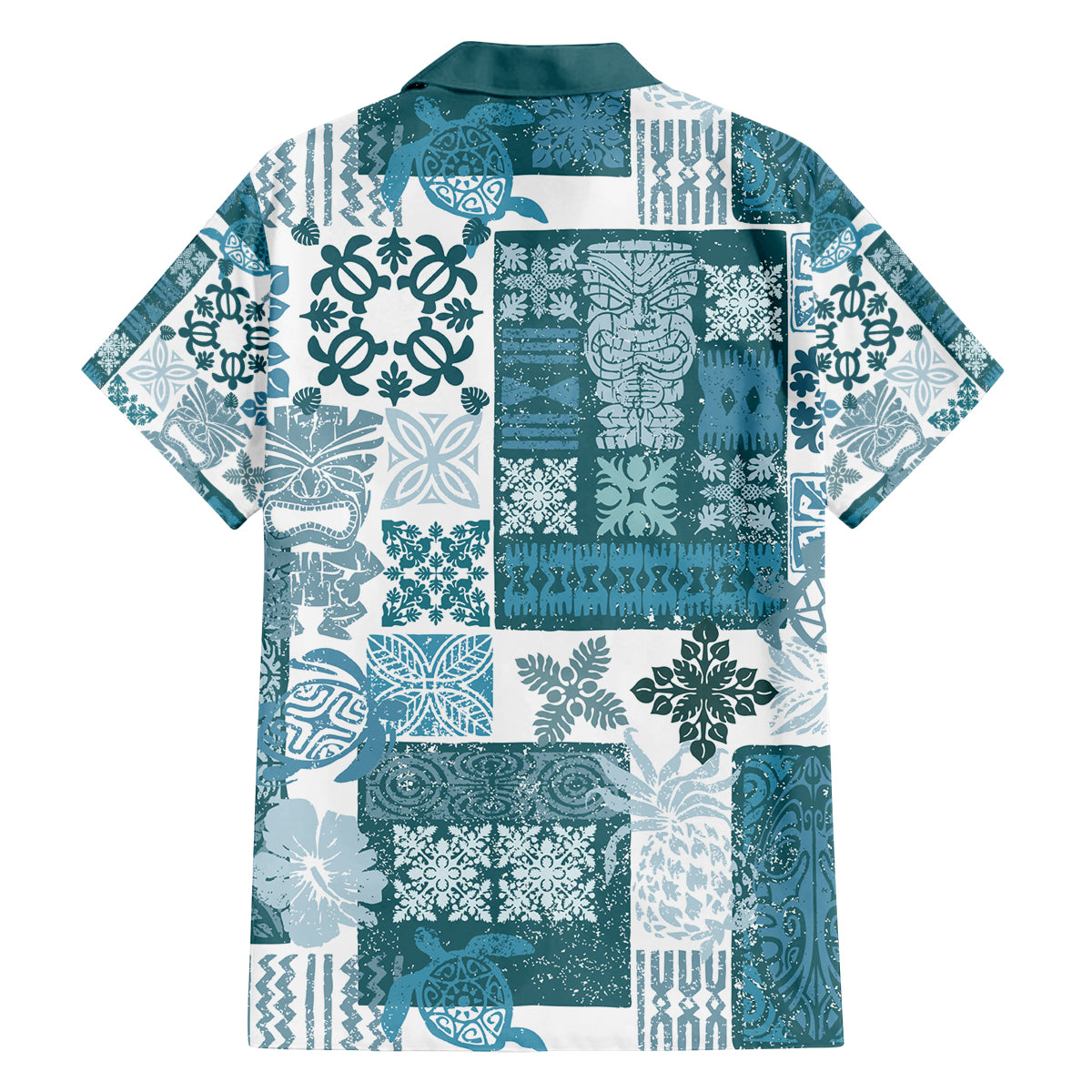 Hawaiian Quilt Family Matching Off Shoulder Long Sleeve Dress and Hawaiian Shirt Tiki Tropical Retro Dark Cyan Version LT14 - Polynesian Pride