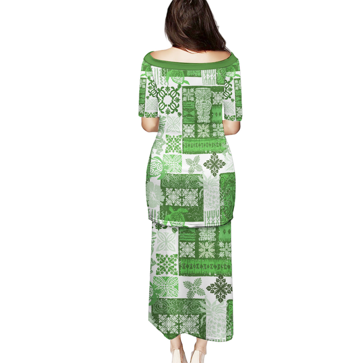 Hawaiian Quilt Family Matching Puletasi Dress and Hawaiian Shirt Tiki Tropical Retro Green Version LT14 - Polynesian Pride