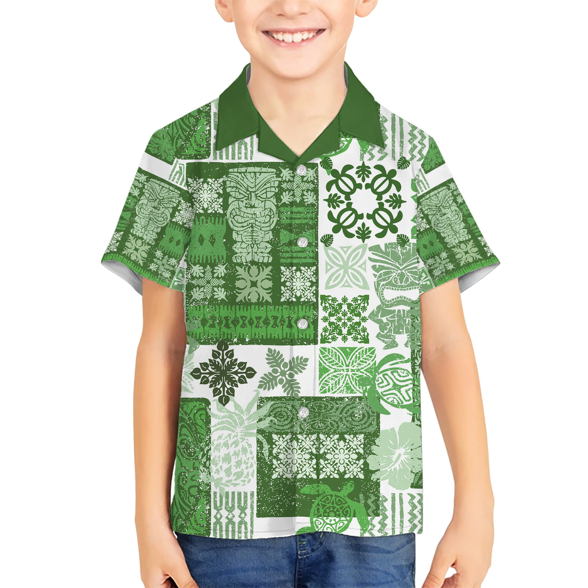Hawaiian Quilt Family Matching Short Sleeve Bodycon Dress and Hawaiian Shirt Tiki Tropical Retro Green Version LT14 Son's Shirt Green - Polynesian Pride