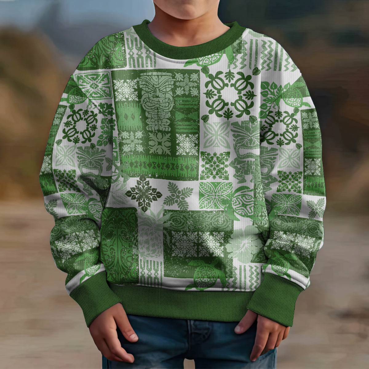 Hawaiian Quilt Kid Ugly Christmas Sweater Tiki Tropical Retro Green Version LT14 - Polynesian Pride