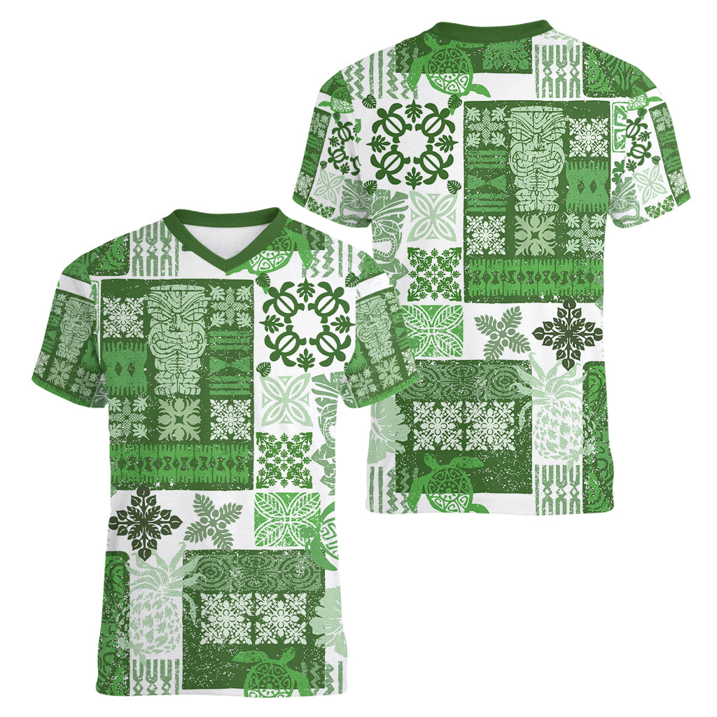 Hawaiian Quilt Women V Neck T Shirt Tiki Tropical Retro Green Version LT14 - Polynesian Pride