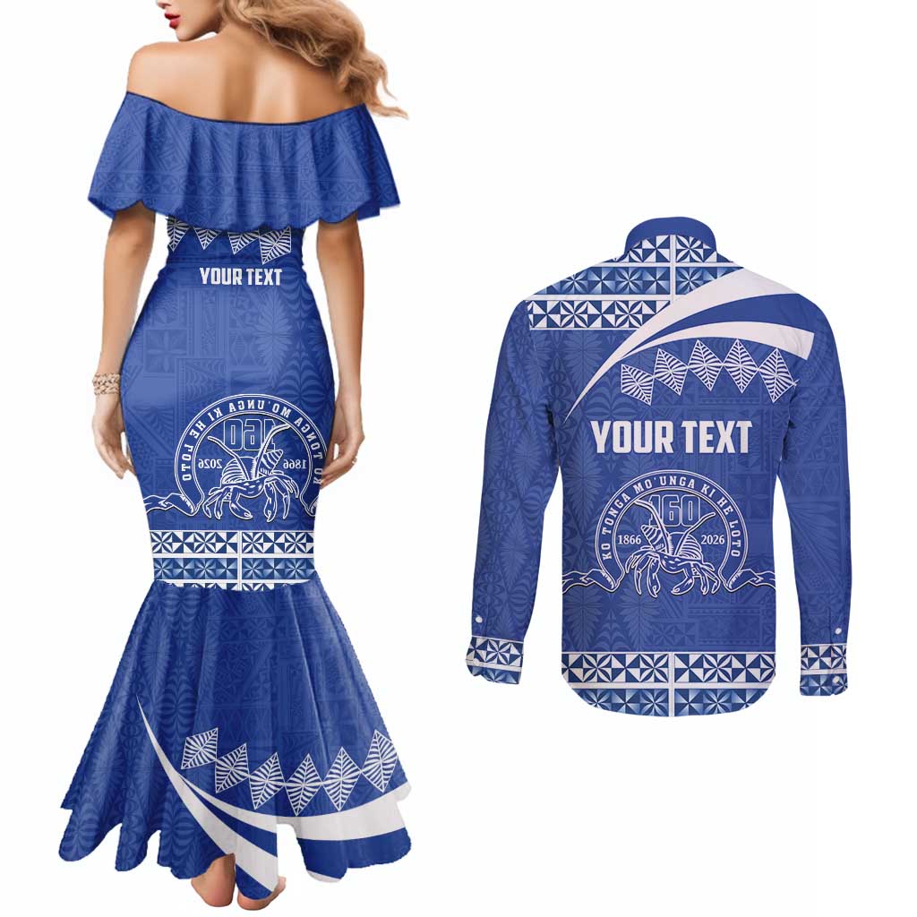 Personalised Tonga Tupou College Toloa Couples Matching Mermaid Dress and Long Sleeve Button Shirt 160 Years Anniversary Tongan Ngatu Pattern