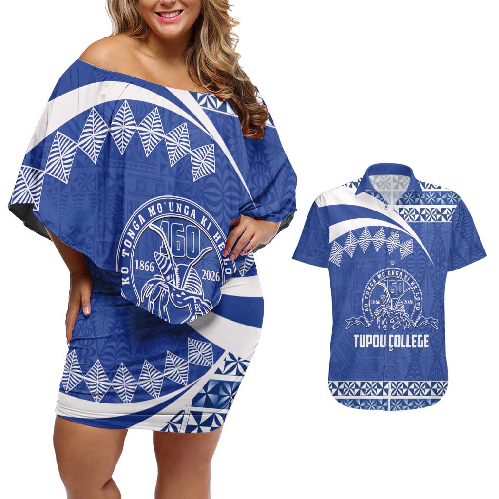 Personalised Tonga Tupou College Toloa Couples Matching Off Shoulder Short Dress and Hawaiian Shirt 160 Years Anniversary Tongan Ngatu Pattern LT14 Blue - Polynesian Pride