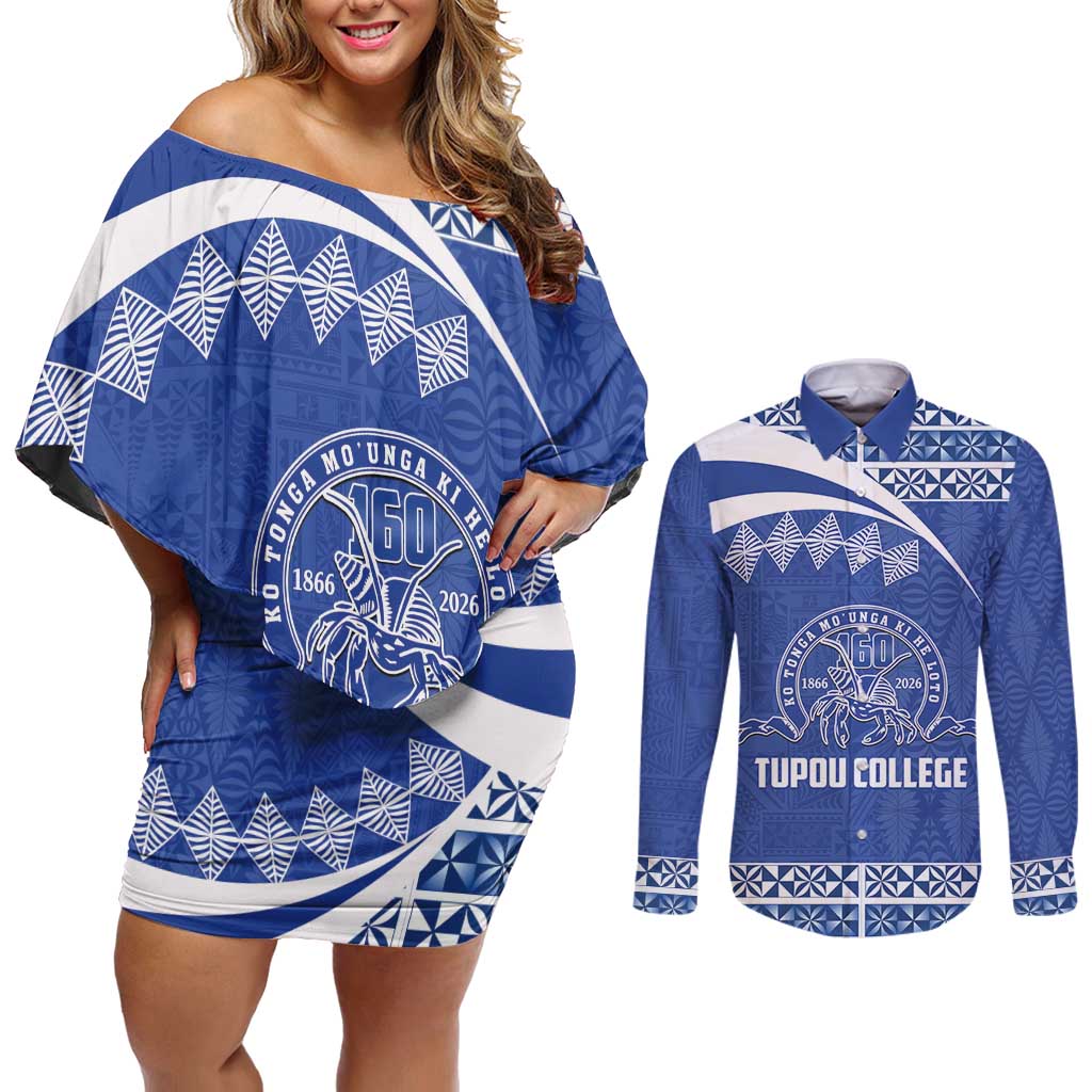 Personalised Tonga Tupou College Toloa Couples Matching Off Shoulder Short Dress and Long Sleeve Button Shirt 160 Years Anniversary Tongan Ngatu Pattern