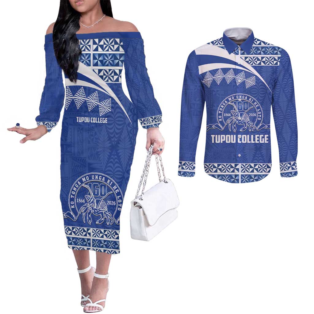 Personalised Tonga Tupou College Toloa Couples Matching Off The Shoulder Long Sleeve Dress and Long Sleeve Button Shirt 160 Years Anniversary Tongan Ngatu Pattern LT14 Blue - Polynesian Pride