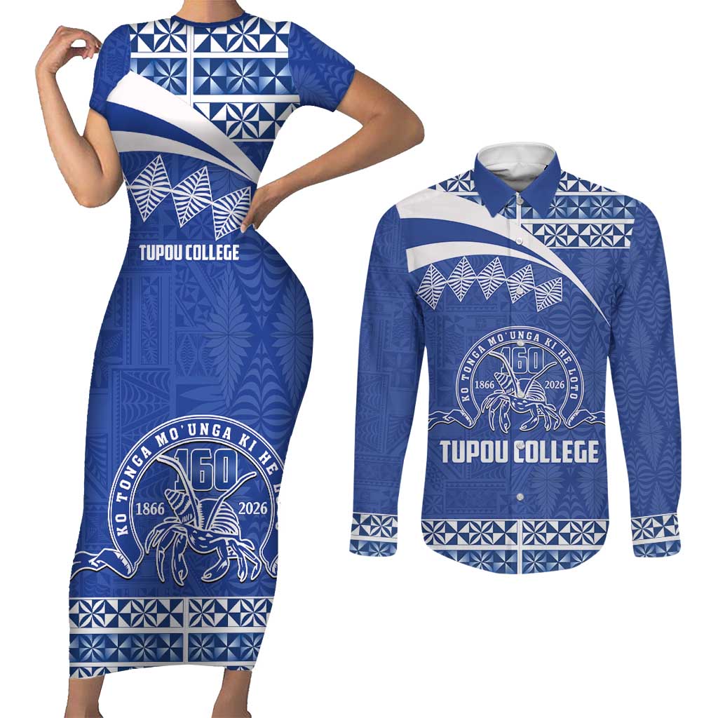 Personalised Tonga Tupou College Toloa Couples Matching Short Sleeve Bodycon Dress and Long Sleeve Button Shirt 160 Years Anniversary Tongan Ngatu Pattern LT14 Blue - Polynesian Pride