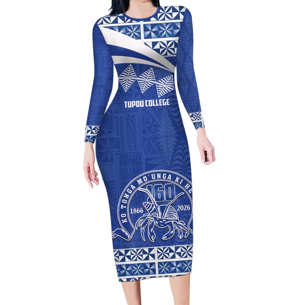Personalised Tonga Tupou College Toloa Family Matching Long Sleeve Bodycon Dress and Hawaiian Shirt 160 Years Anniversary Tongan Ngatu Pattern LT14 Mom's Dress Blue - Polynesian Pride