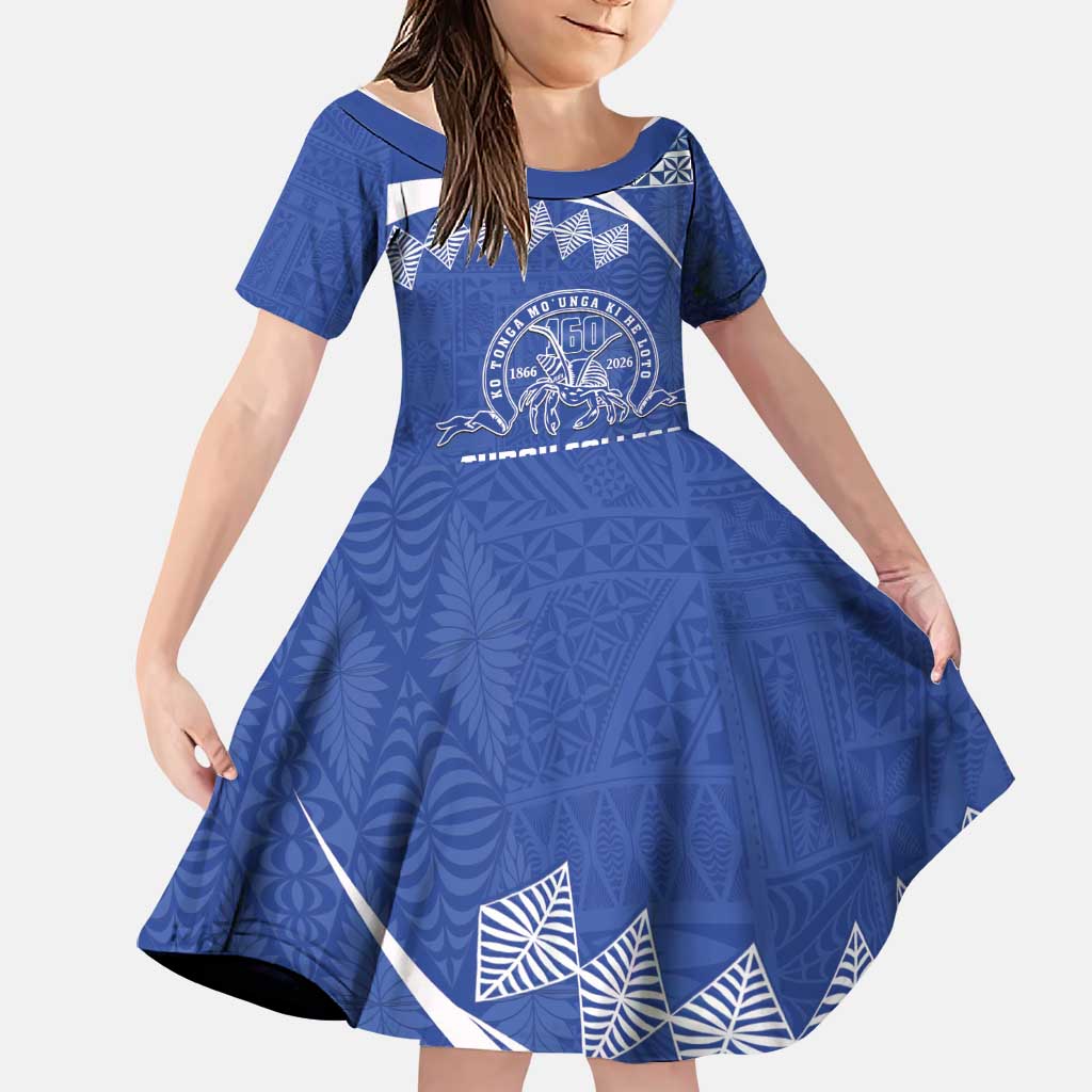 Personalised Tonga Tupou College Toloa Family Matching Off Shoulder Short Dress and Hawaiian Shirt 160 Years Anniversary Tongan Ngatu Pattern LT14 Daughter's Dress Blue - Polynesian Pride