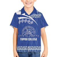 Personalised Tonga Tupou College Toloa Family Matching Off Shoulder Short Dress and Hawaiian Shirt 160 Years Anniversary Tongan Ngatu Pattern LT14 Son's Shirt Blue - Polynesian Pride