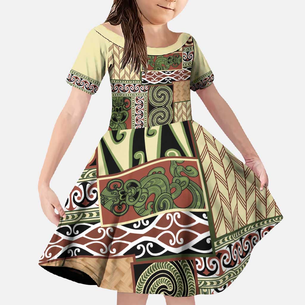Beige Aotearoa Kowhaiwhai Pattern Family Matching Long Sleeve Bodycon Dress and Hawaiian Shirt NZ Maori Quilt Style LT14 Daughter's Dress Beige - Polynesian Pride