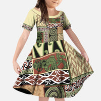 Beige Aotearoa Kowhaiwhai Pattern Family Matching Long Sleeve Bodycon Dress and Hawaiian Shirt NZ Maori Quilt Style LT14 Daughter's Dress Beige - Polynesian Pride