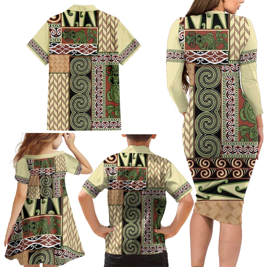 Beige Aotearoa Kowhaiwhai Pattern Family Matching Long Sleeve Bodycon Dress and Hawaiian Shirt NZ Maori Quilt Style LT14 - Polynesian Pride
