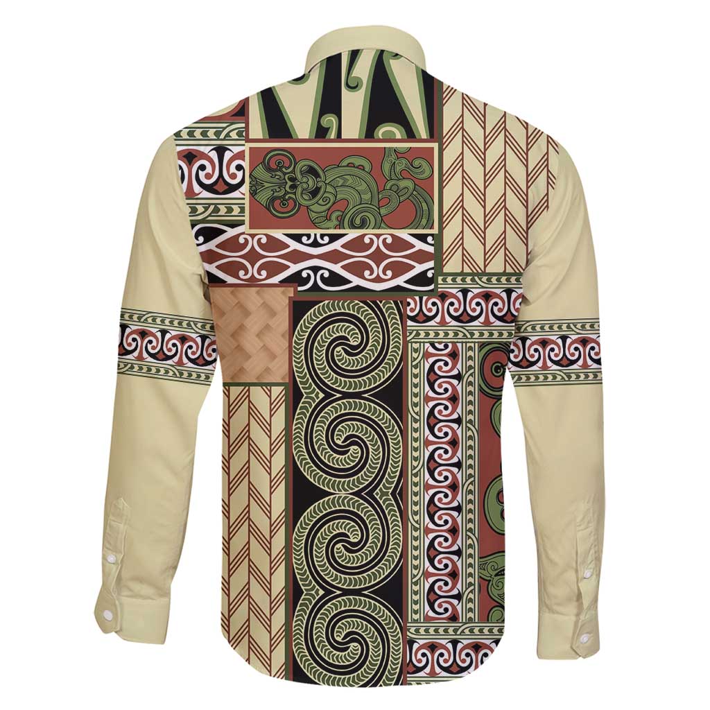 Beige Aotearoa Kowhaiwhai Pattern Family Matching Long Sleeve Bodycon Dress and Hawaiian Shirt NZ Maori Quilt Style LT14 - Polynesian Pride