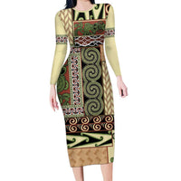 Beige Aotearoa Kowhaiwhai Pattern Family Matching Long Sleeve Bodycon Dress and Hawaiian Shirt NZ Maori Quilt Style LT14 Mom's Dress Beige - Polynesian Pride