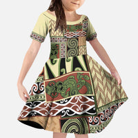 Beige Aotearoa Kowhaiwhai Pattern Family Matching Off The Shoulder Long Sleeve Dress and Hawaiian Shirt NZ Maori Quilt Style LT14 Daughter's Dress Beige - Polynesian Pride