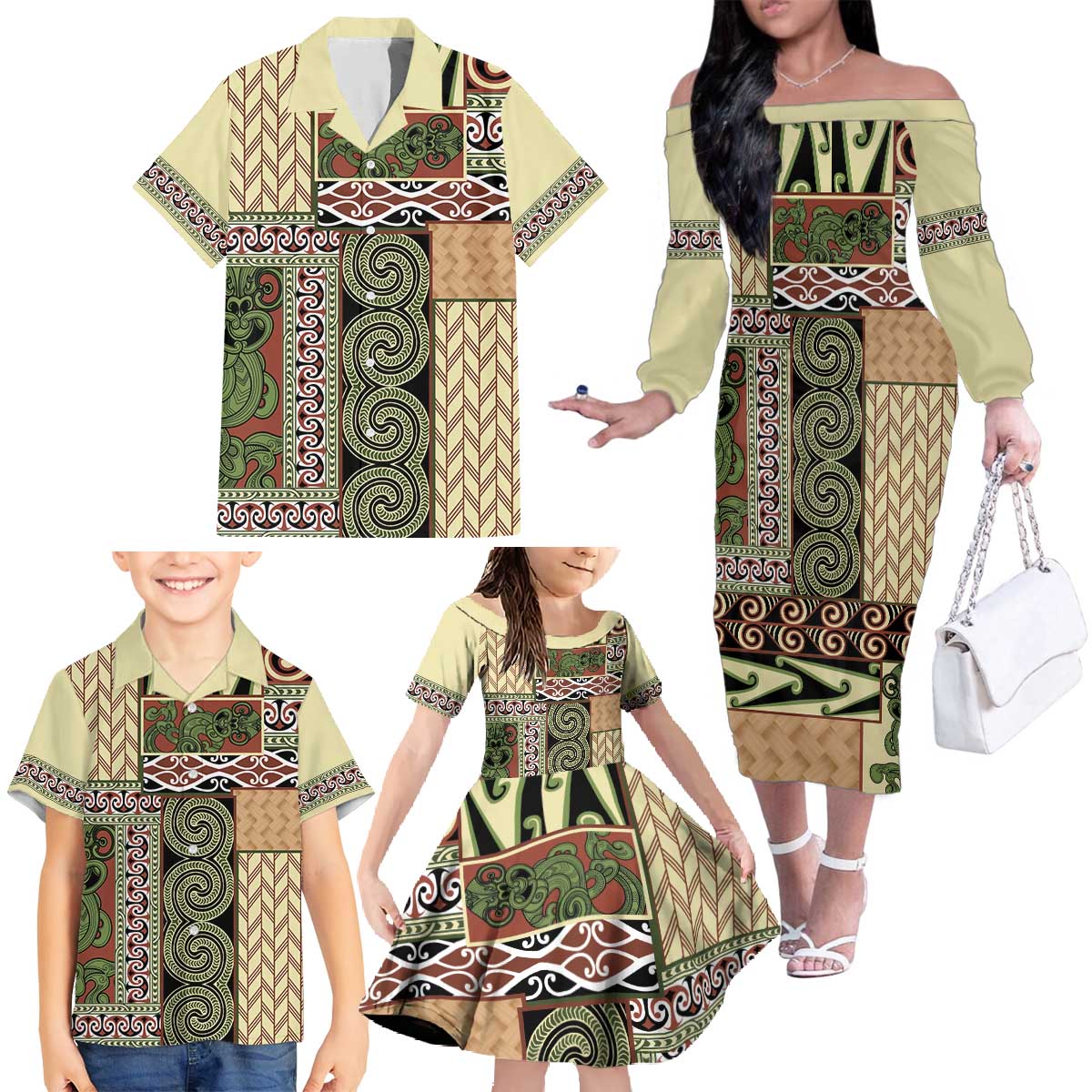 Beige Aotearoa Kowhaiwhai Pattern Family Matching Off The Shoulder Long Sleeve Dress and Hawaiian Shirt NZ Maori Quilt Style LT14 - Polynesian Pride