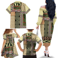 Beige Aotearoa Kowhaiwhai Pattern Family Matching Off The Shoulder Long Sleeve Dress and Hawaiian Shirt NZ Maori Quilt Style LT14 - Polynesian Pride