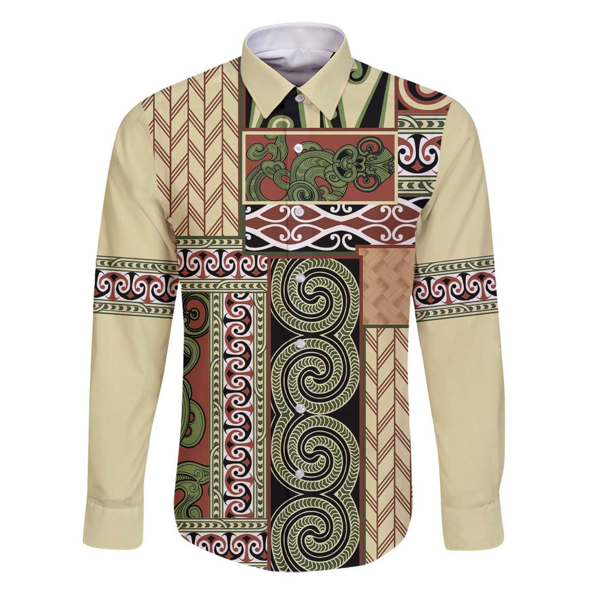 Beige Aotearoa Kowhaiwhai Pattern Family Matching Off The Shoulder Long Sleeve Dress and Hawaiian Shirt NZ Maori Quilt Style LT14 Dad's Shirt - Long Sleeve Beige - Polynesian Pride