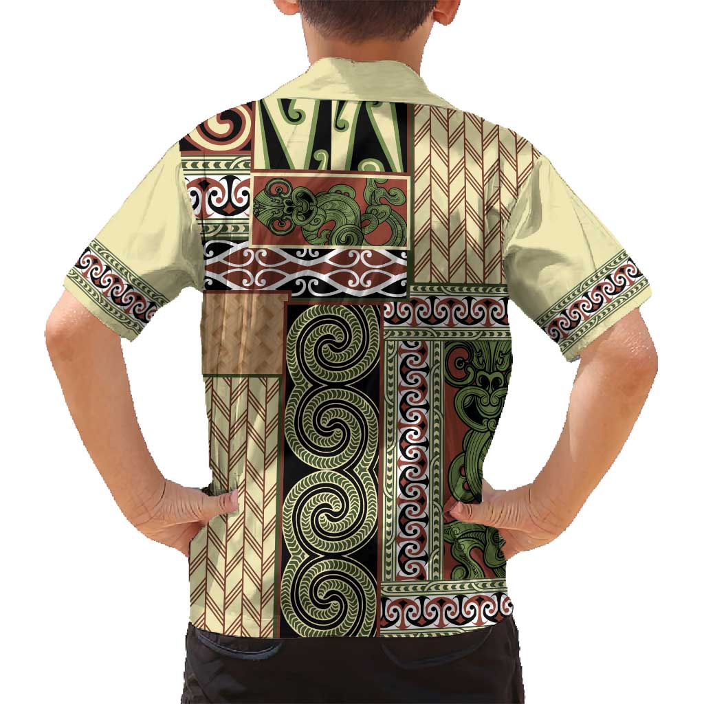 Beige Aotearoa Kowhaiwhai Pattern Family Matching Off Shoulder Short Dress and Hawaiian Shirt NZ Maori Quilt Style LT14 - Polynesian Pride