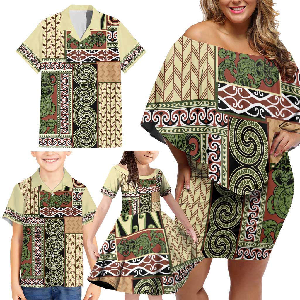 Beige Aotearoa Kowhaiwhai Pattern Family Matching Off Shoulder Short Dress and Hawaiian Shirt NZ Maori Quilt Style LT14 - Polynesian Pride