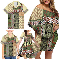 Beige Aotearoa Kowhaiwhai Pattern Family Matching Off Shoulder Short Dress and Hawaiian Shirt NZ Maori Quilt Style LT14 - Polynesian Pride
