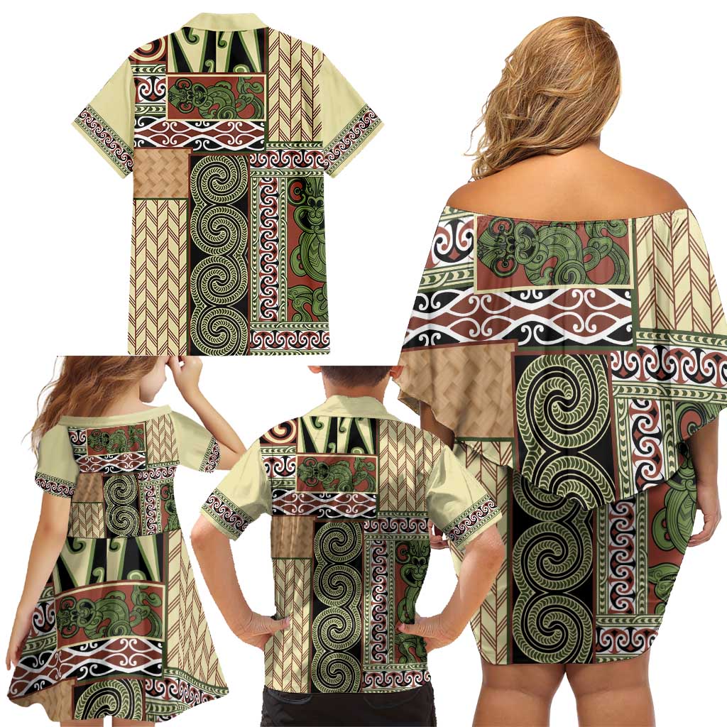 Beige Aotearoa Kowhaiwhai Pattern Family Matching Off Shoulder Short Dress and Hawaiian Shirt NZ Maori Quilt Style LT14 - Polynesian Pride